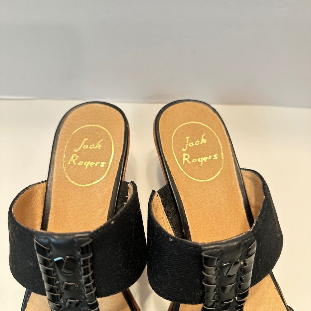Jack Rogers Black Leather Whipstitch T-Strap Wedge Sandals Womens 7.5M - Picture 7 of 10